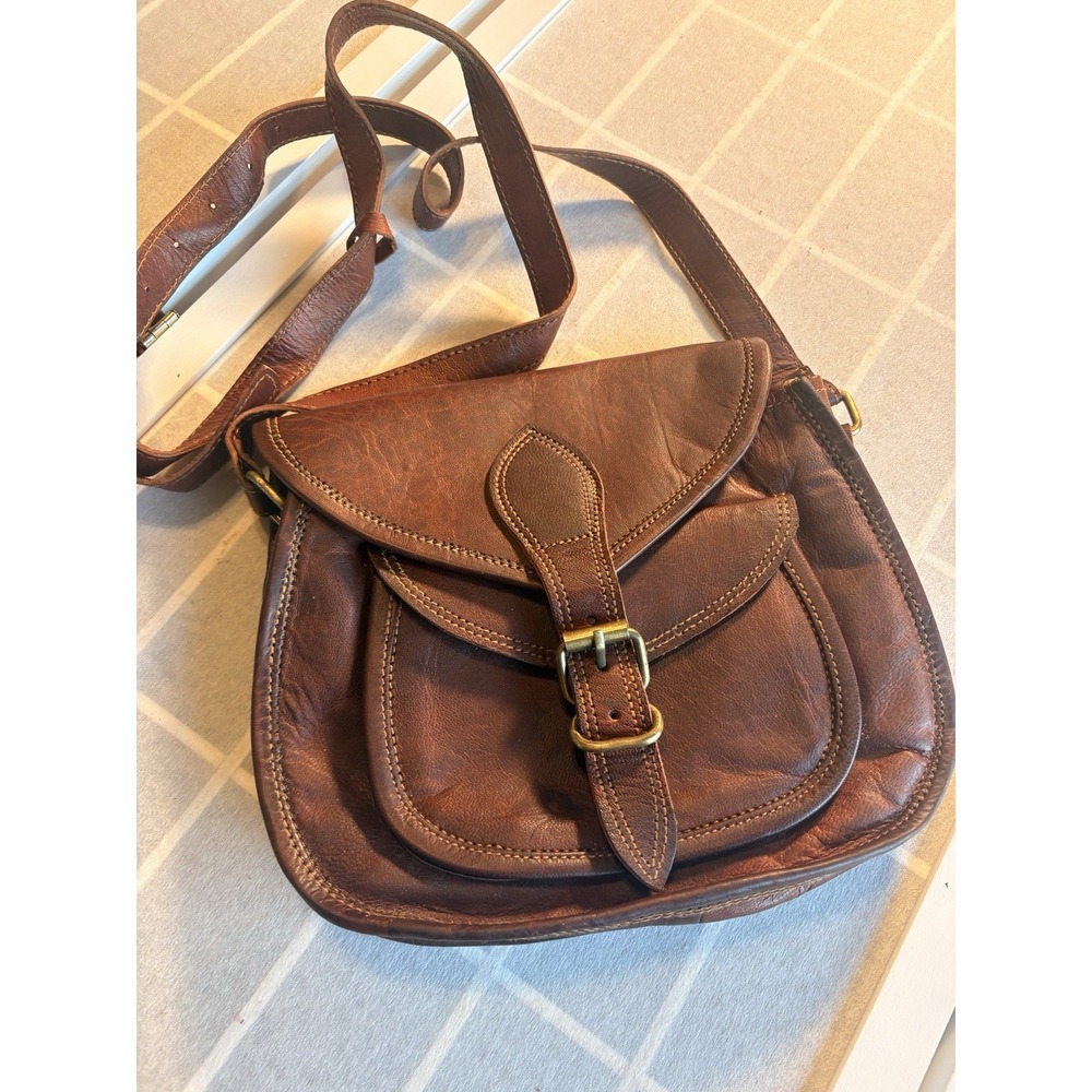 Firu Handmade Dark Brown Leather Crossbody Saddle Bag Brass Buckle